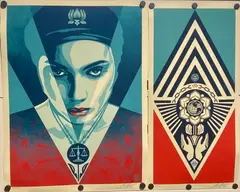 Untitled by Shepard Fairey, screenprint pair: “justice woman” & “lotus/globe emblem”, offered Oct 2025