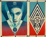 Untitled by Shepard Fairey, screenprint pair: “justice woman” & “lotus/globe emblem”, offered Oct 2025