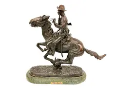 Titled "Trooper of the Plains." Artists signature on the base of the by Frederic Remington, bronze work. Condition: Good condition. Scratches and scuffs throughout. Dimensi, offered Jul 2025