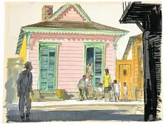 This original by Stanley Johnson, mixed media painting depicts a town scene. It appears to be painted on a cut pie, offered Mar 2025