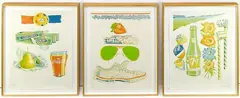 This is a triptych depicting household items, foods and other familiar subjects. All three are mounted in by Don Nice, acrylic, offered Feb 2025