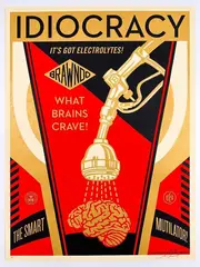 Screen print is titled â€œIDIOCRACY,â€ AP edition. Print is by Shepard Fairey, pencil, offered Feb 2025