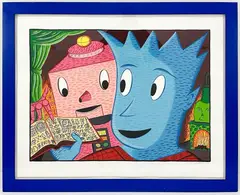 Titled "Research Pays Off," 1989. Edition HC 22 of 26. Mounted in by Rodney Greenblat, acrylic blue, offered Feb 2025