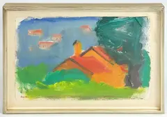 Titled "House & Village Fayence". Signed in lower left corner. This painting is mounted in by Paul Resika, acrylic, offered Feb 2025
