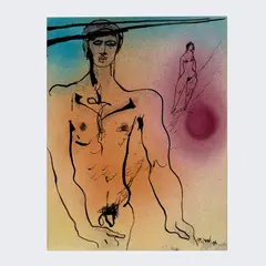 She Is On His Mind by Peter Flinsch, 1972, Ink and airbrushed watercolor, offered Dec 2025