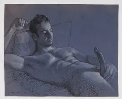 Bryan layback by Todd Yeager, 2010, Ink and colored pencil on medium-tone blue paper, offered Dec 2025