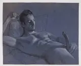 Bryan layback by Todd Yeager, 2010, Ink and colored pencil on medium-tone blue paper, offered Dec 2025