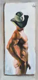 Trompe l'oeil male nude wearing a cowboy hat and with a butterfly by Shozo Nagano, Oil on paper. 2004, offered Dec 2025