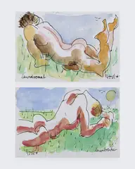 A pair of drawings of nudes on grass. Titled "Lawnbreaker" and "Lawndromat." by Peter Flinsch, 2002, Ink and watercolor on paper. Both, offered Dec 2025