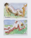 A pair of drawings of nudes on grass. Titled "Lawnbreaker" and "Lawndromat." by Peter Flinsch, 2002, Ink and watercolor on paper. Both, offered Dec 2025
