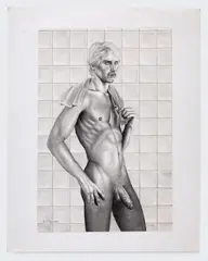 Man in a bathhouse by Olaf, 1983, Graphite on paper. Tipped onto paperboard, offered Dec 2025