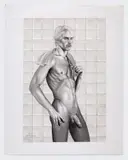 Man in a bathhouse by Olaf, 1983, Graphite on paper. Tipped onto paperboard, offered Dec 2025