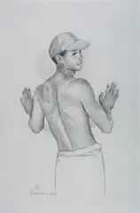 Va in Ballcap by Douglas Simonson, 1994, Graphite on paper, offered Nov 2025