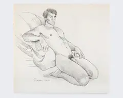 Kneeling Man Leaning on Chair by Douglas Simonson, 1993, Graphite on paper, offered Nov 2025