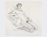 Kneeling Man Leaning on Chair by Douglas Simonson, 1993, Graphite on paper, offered Nov 2025