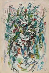 An expressionistic floral still life by Marko Walker Vukovic, 1961, Oil on board, offered Oct 2025
