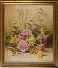 Floral still life depicting pink roses and a gilded glass cup by Edward Chalmers Leavitt, 1897, Oil on canvas, offered Oct 2025