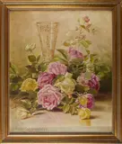 Floral still life depicting pink roses and a gilded glass cup by Edward Chalmers Leavitt, 1897, Oil on canvas, offered Oct 2025