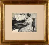Sister Amanda at the Piano by Rutherford Boyd, Pen and ink on paper, offered Oct 2025