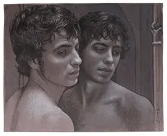 Untitled by Todd Yeager, 2009, Ink and colored pencil on paper with watercolor additions on midtone gray paper, offered Aug 2025