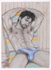 Poolside Hunk by Anthony Gonzales, Ink and colored pencil, offered Aug 2025