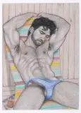 Poolside Hunk by Anthony Gonzales, Ink and colored pencil, offered Aug 2025