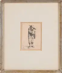 Peasant With His Hand in His Cloak by Adriaen van Ostade, Etching. 3 7/16 x 2 1/2";, offered Jul 2025