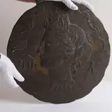 Cast patinated by Bronze Plaque, bronze plaque depicting a Greco-Roman profile of Athena. Diameter 16". Artist un, offered Jul 2025