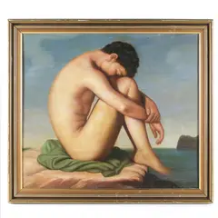 Master copy after "Study (Young Male Nude Seated Beside the Sea)." by Hippolyte Flandrin, Oil on canvas mounted to board, offered May 2025
