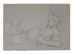 Shirtless Man with Bottle (Studies verso) by Paul Cadmus, Pencil and chalk on grey-toned, deckled-edge, thick stock paper. Verso three mal, offered May 2025