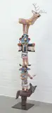 Hand-painted, glazed ceramic and by Molly Heizer, mixed media elements "Kachina's" stacked onto metal pole welded to steel base, offered Feb 2025