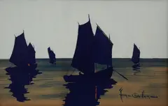 marine painting with sailboats by Marcel-Gaillard, mixed media on board, sold Feb 2019