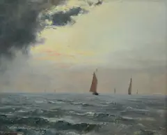 marine painting with sailboats by Valentin Henneman, oil on board, sold Feb 2019