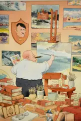 political cartoon painting by Tony Auth, watercolor on paper, sold Feb 2019
