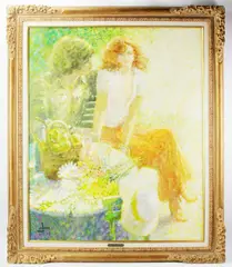 woman with flowers by Louis Fabien, oil on canvas, sold Sep 2022