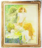 woman with flowers by Louis Fabien, oil on canvas, sold Sep 2022