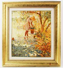 woman in woods by Claude Fossoux, oil on canvas, sold Sep 2022