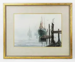 fishing boats at dock by Tad Klodnicki, watercolor, sold Sep 2022