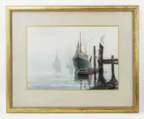 fishing boats at dock by Tad Klodnicki, watercolor, sold Sep 2022