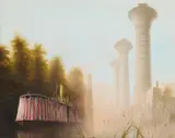 Nile river steamer and temple ruins by Felix Kelly, 1983, Oil on board, sold Aug 2026