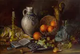 Still life with oranges and westerwald jug by Peter F. Fuller, Oil on canvas, sold Aug 2026