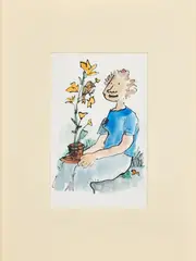 A plant with a bird on it by Quentin Blake, Pen and ink and watercolour, sold Aug 2026