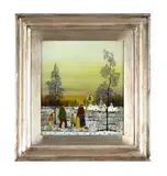 Family walking to village at twilight by Milko Kovac, 1974, oil, sold Aug 2026