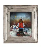 Figure on a snowy tree stum by Martin Mehkek, 1974, oil, sold Aug 2026