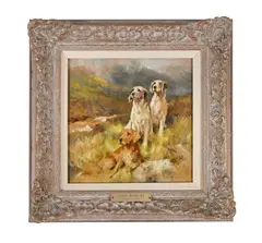 An irish setter and two english setters in a highland setting by Arthur Wardle, Oil on millboard, sold Aug 2026