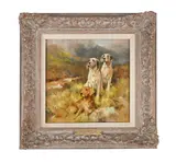An irish setter and two english setters in a highland setting by Arthur Wardle, Oil on millboard, sold Aug 2026