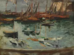Boats in a harbour by Henry Tonks, Oil on board, sold Jul 2026