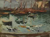 Boats in a harbour by Henry Tonks, Oil on board, sold Jul 2026