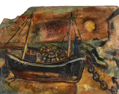 Boat under moon by Sven Berlin, Oil on board, sold Jul 2026