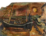 Boat under moon by Sven Berlin, Oil on board, sold Jul 2026